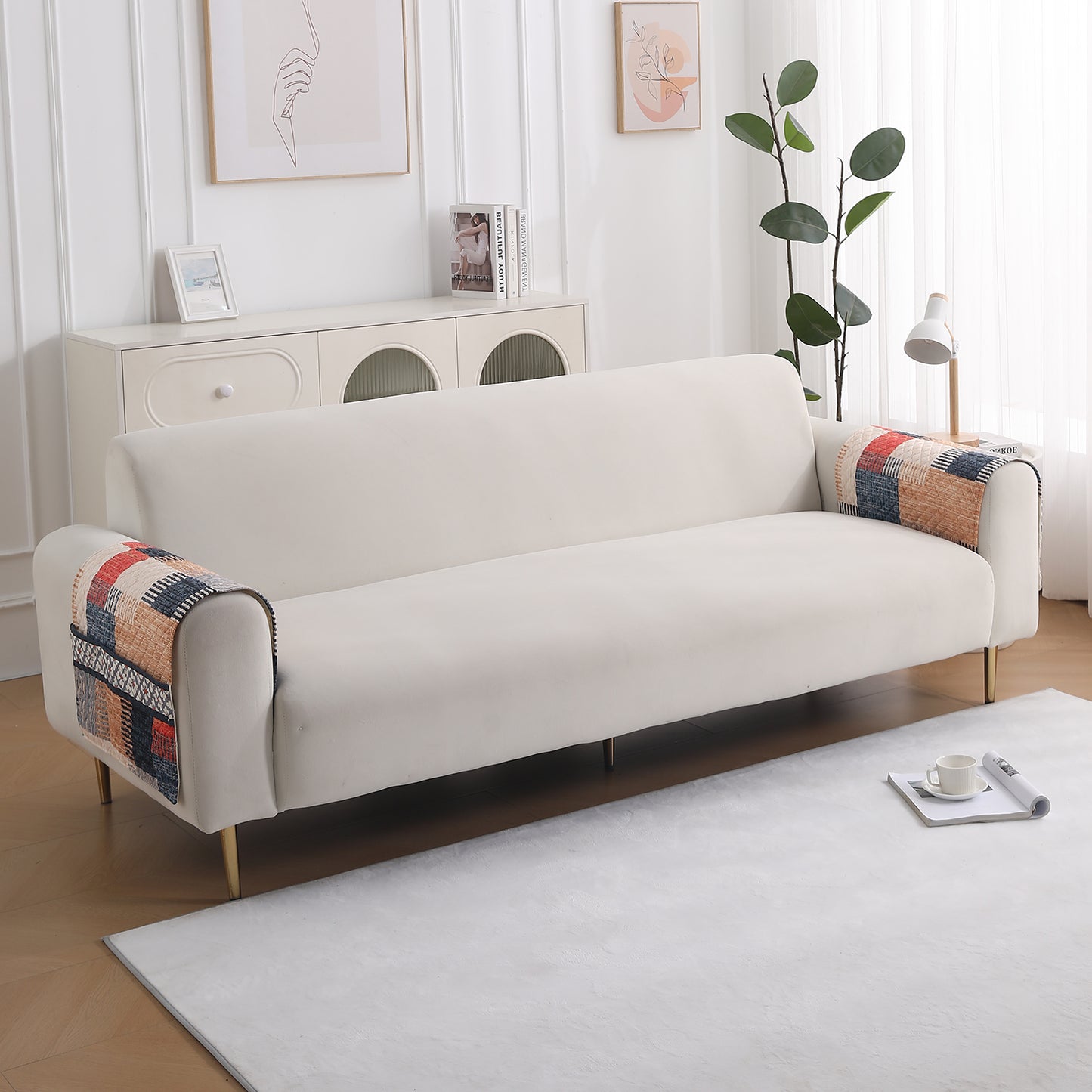 LiefNest Holland Velvet Sofa Cover Mat with Foam Filling - Urban Grid Multicolor