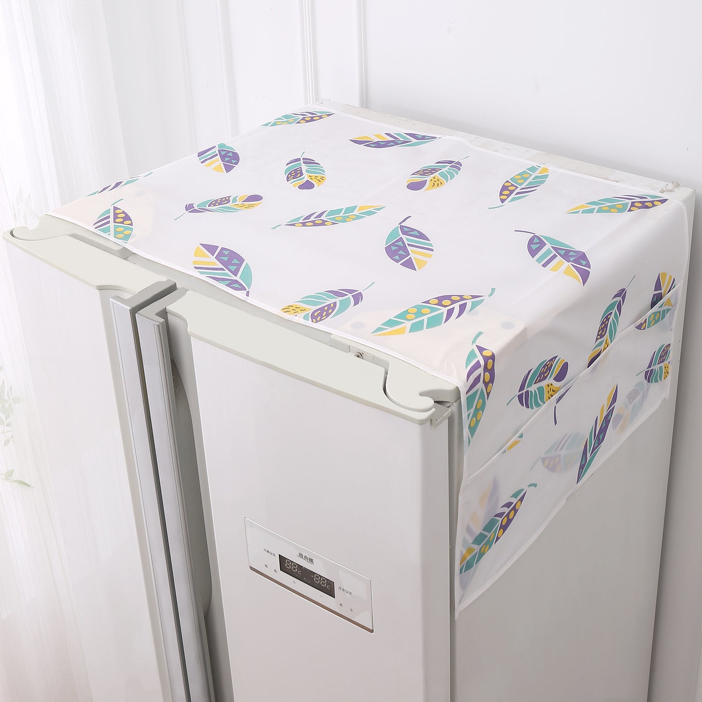 Small / Large Fridge Cover Top | For Smaller Single Door, Double Door and Bigger Double Door Refrigerator - Waterproof, Printed with 6 Side Pockets, Boho Feathers
