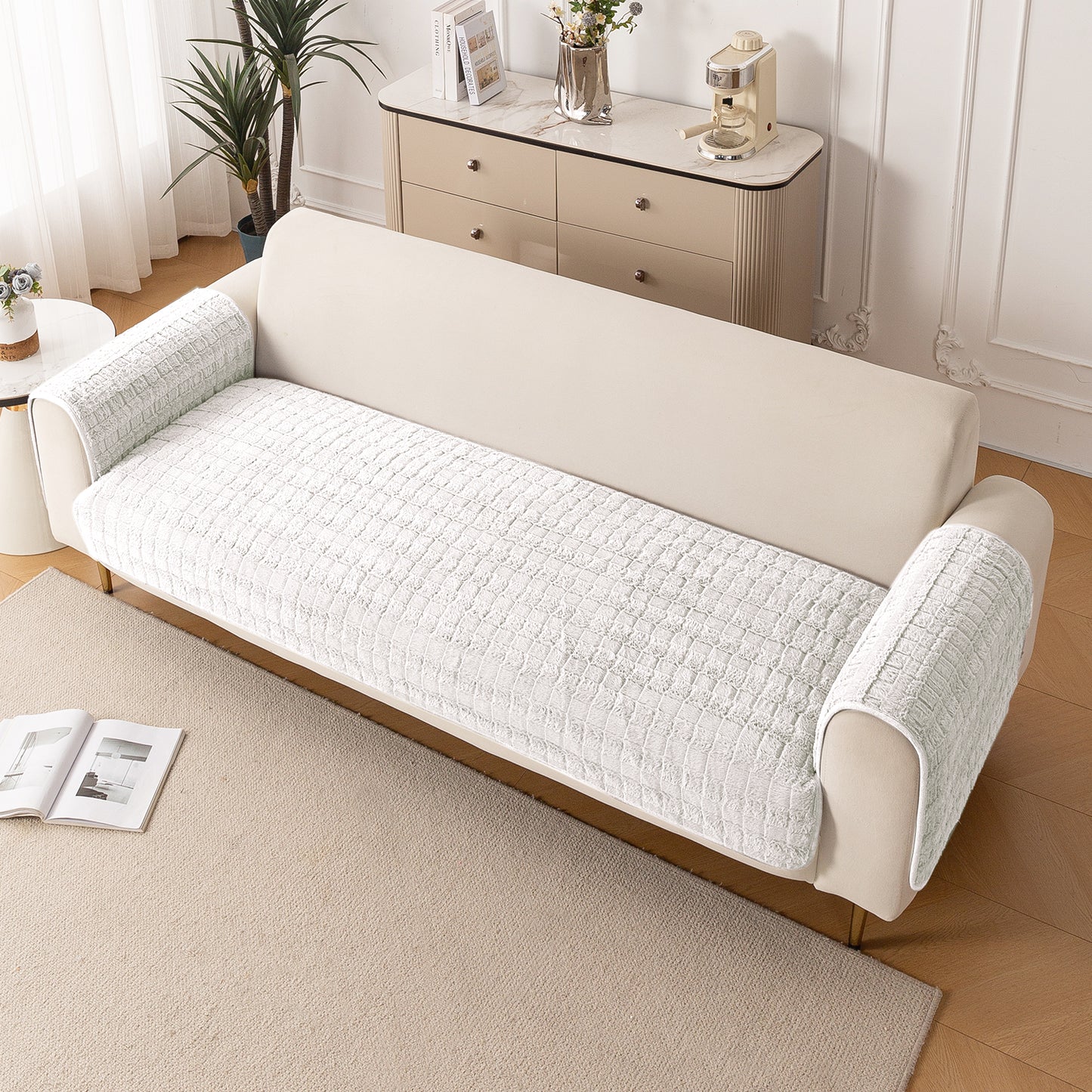 Premium Plush Sofa Cover Mat with 2 Armrest Cover, White