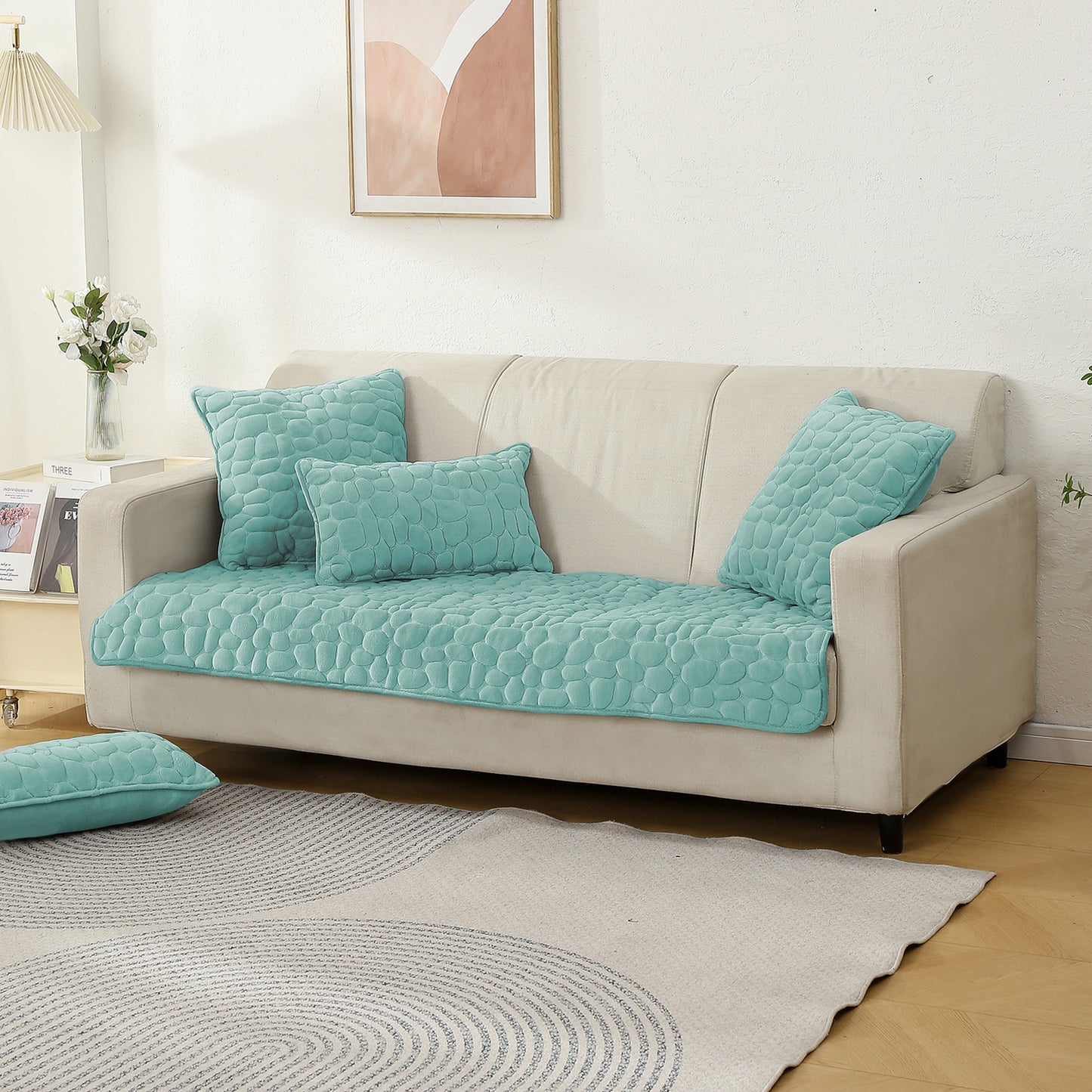 Premium Pebble Milk Velvet Anti Slip Sofa Mat for 1/2/3 Seater, Fog Blue