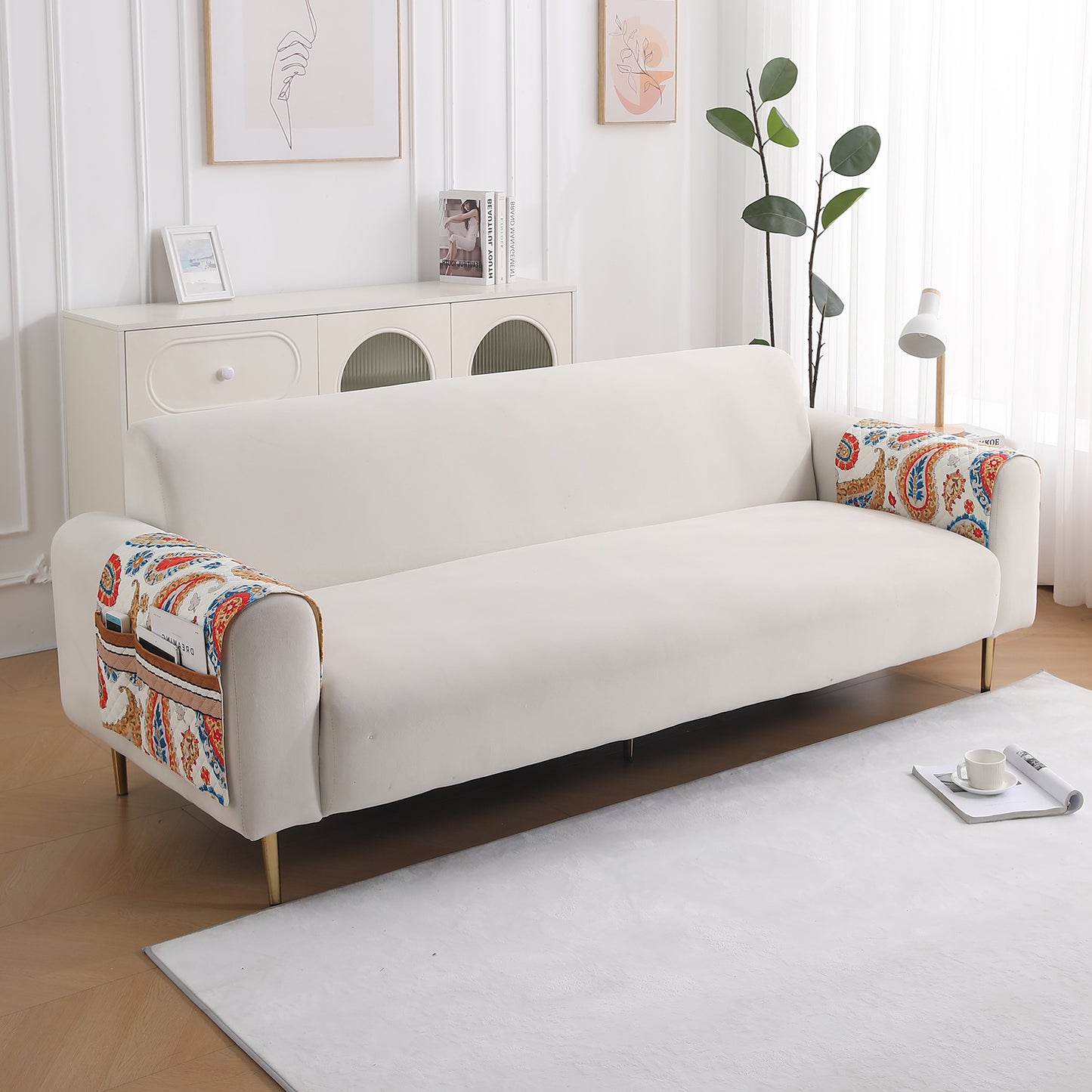 LiefNest Printed Holland Velvet Sofa Mat with Foam Filling - Paisley Multicolor for 1/2/3 Seater & Armrest