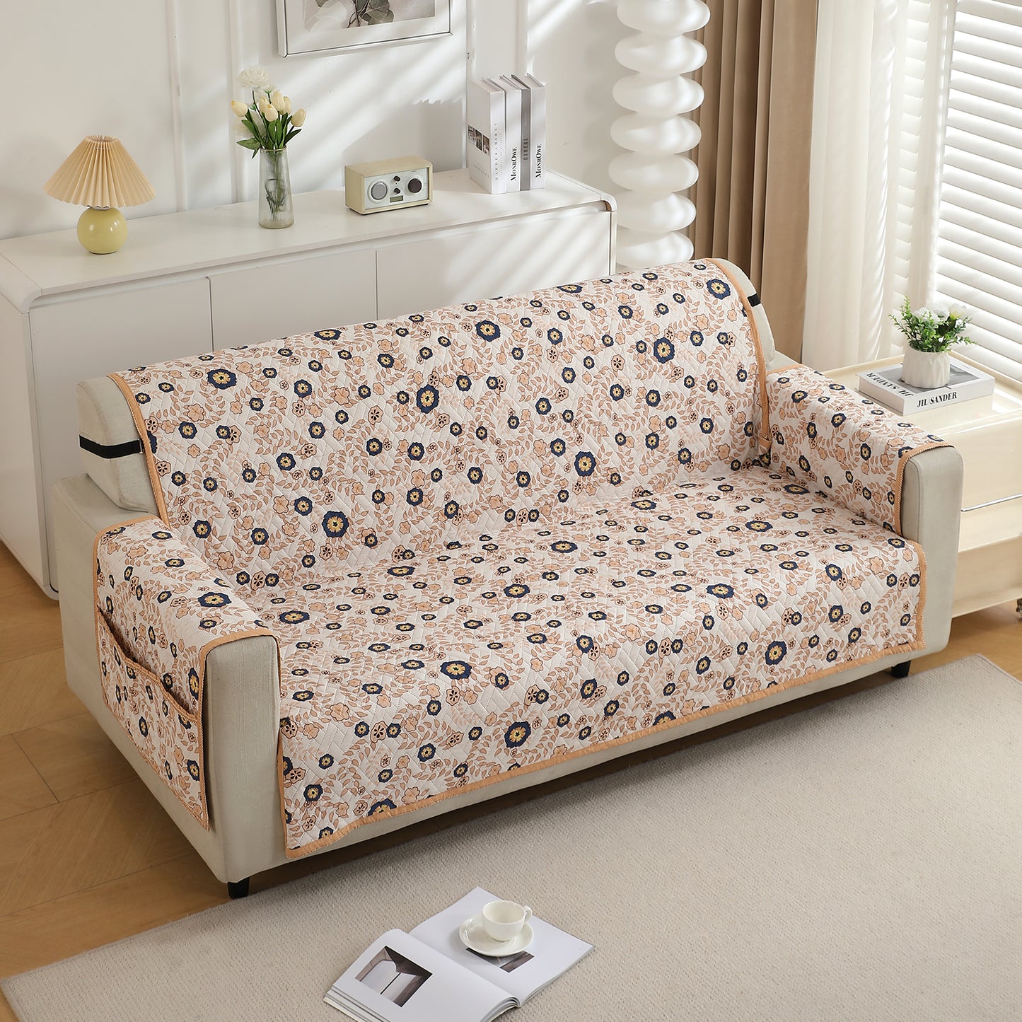 Quilted Sofa Cover with Pockets, Light Peach Candytuft