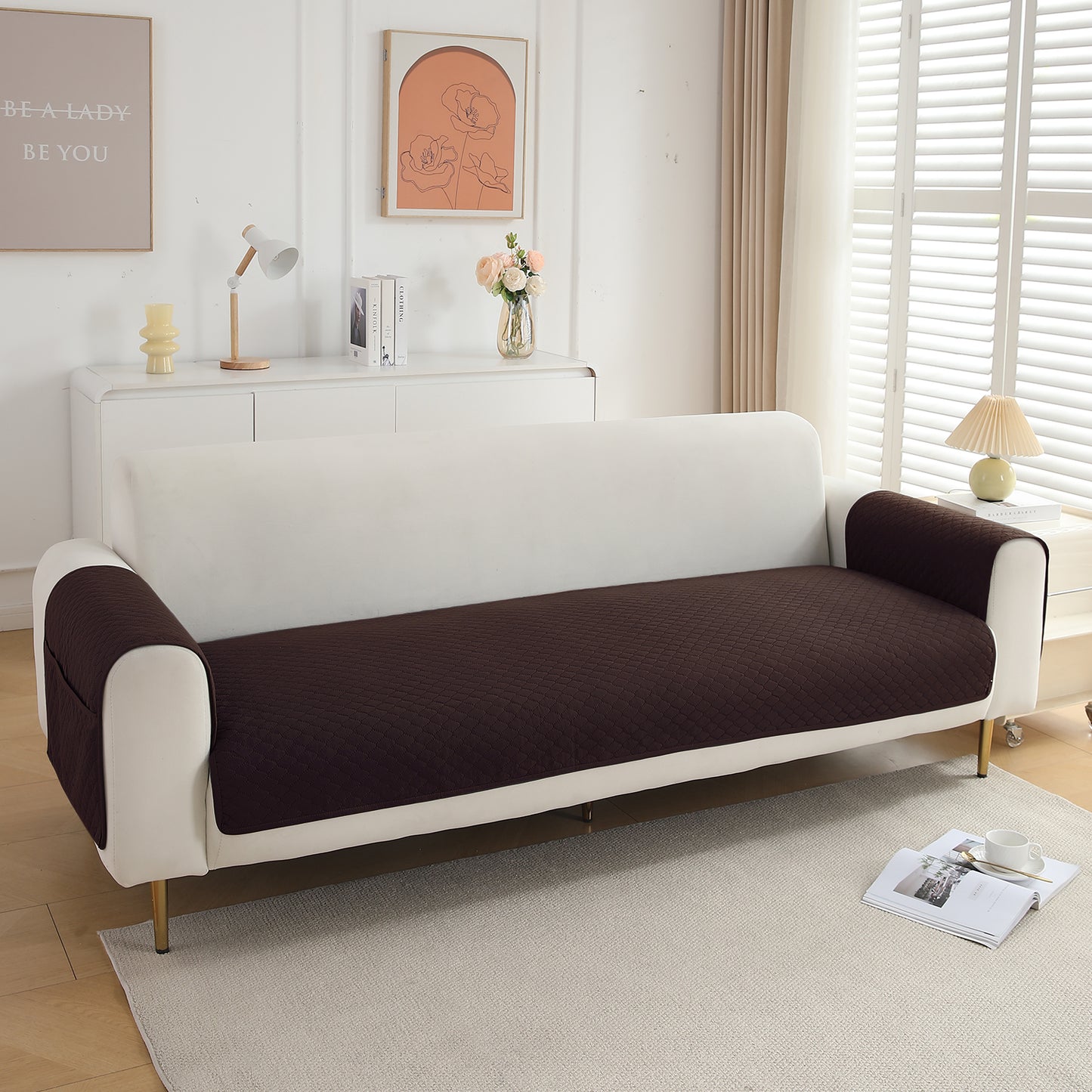 Quilted Sofa Cover Set with Seat Mat and Armrest Covers with Pockets, Dark Brown