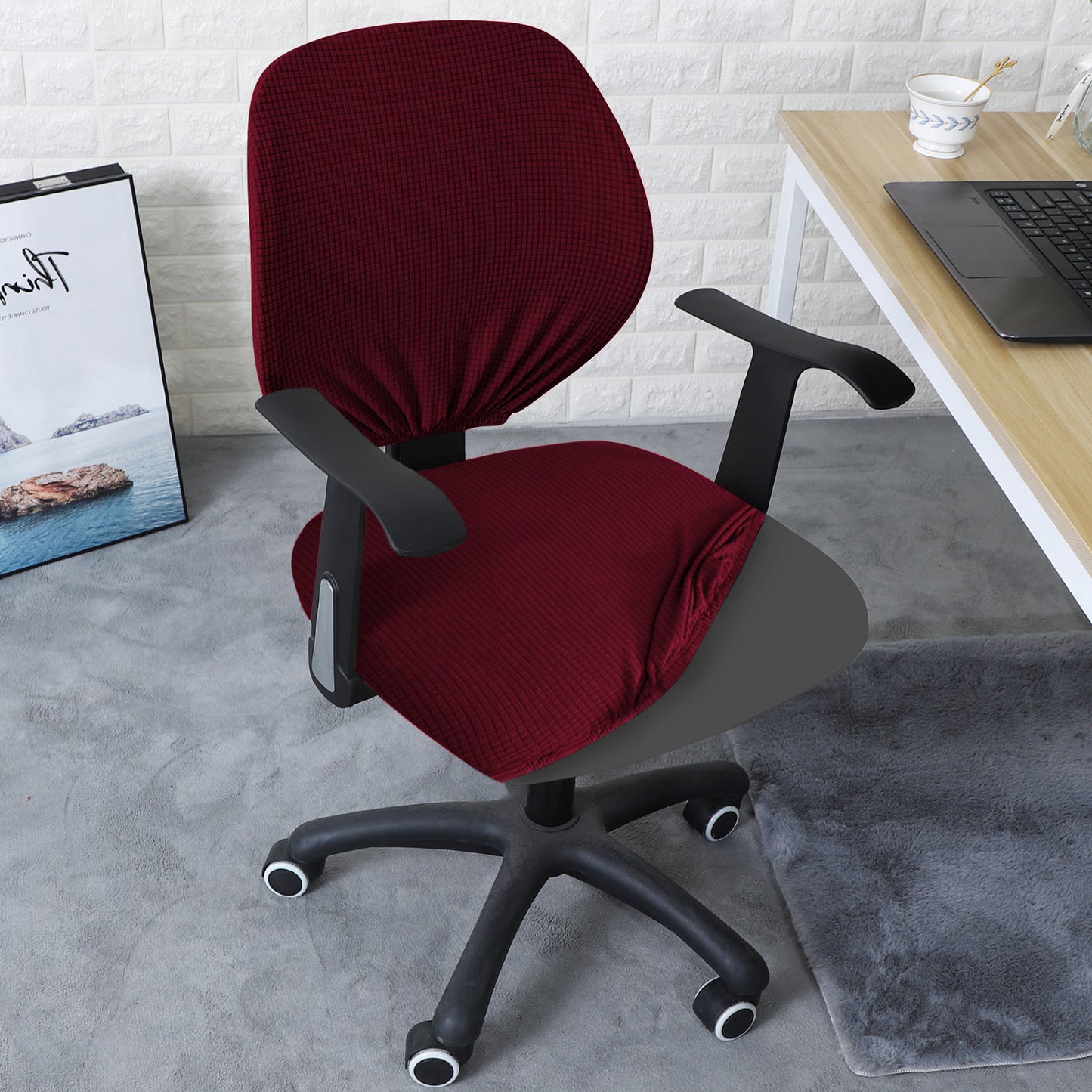 Water Repellent Office Chair Cover for Task Chair – 210 GSM Stretchable Jacquard – Washable & Anti-Slip – Fits Small Office Chairs Without Headrest, Burgundy