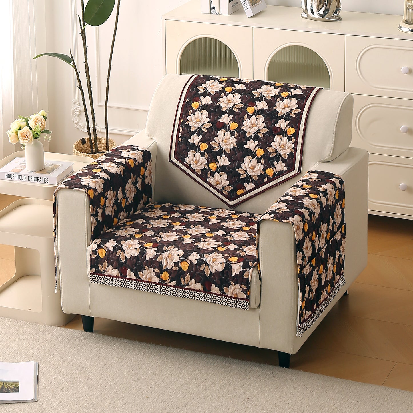 Florentina Series Printed Holland Velvet Sofa Mat - Camellia Brown