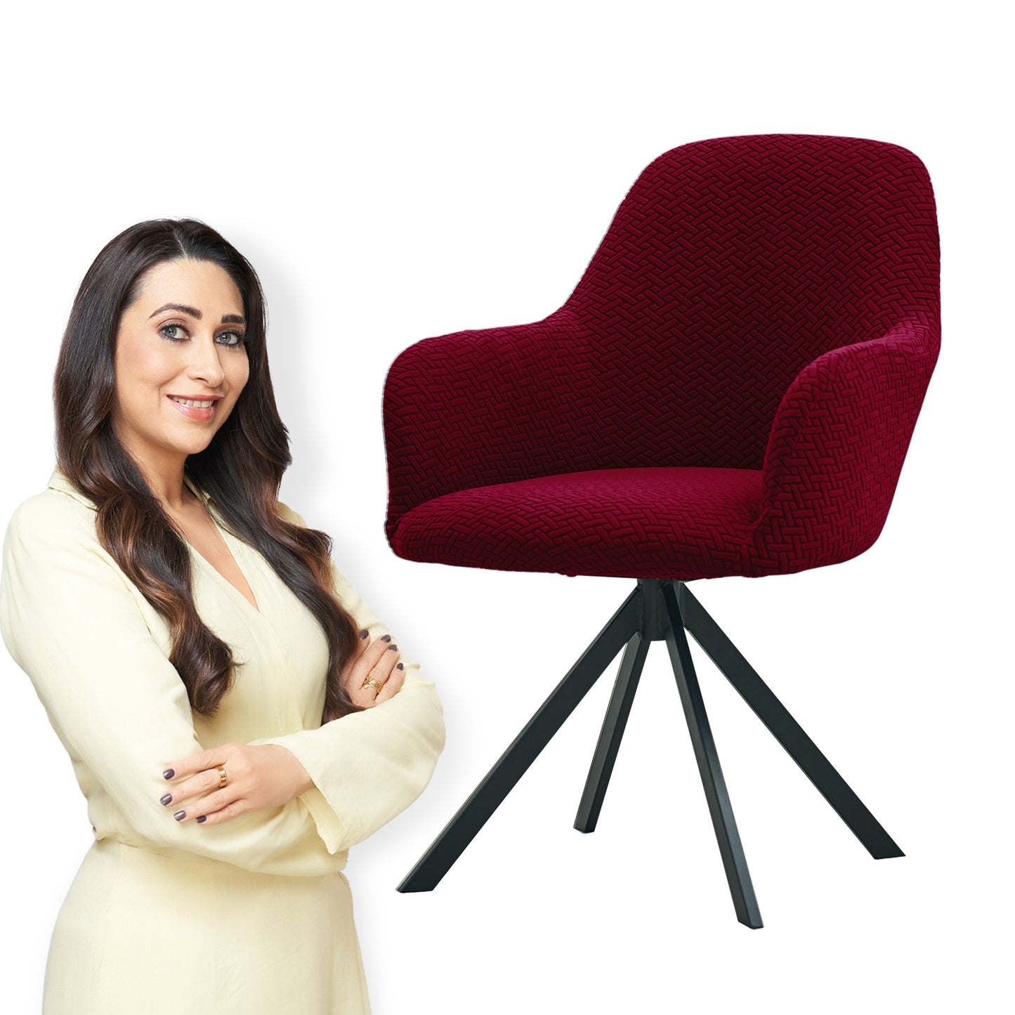 Premium Jacquard Fully Covered Cover for Swivel Dining Chair with Arms, Burgundy
