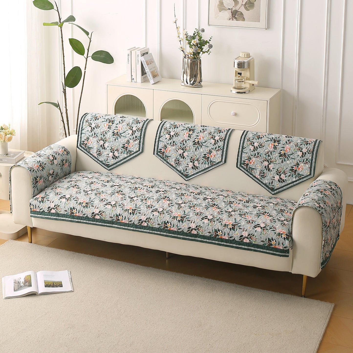 Florentina Series Printed Holland Velvet Sofa Mat - Magnolia Green