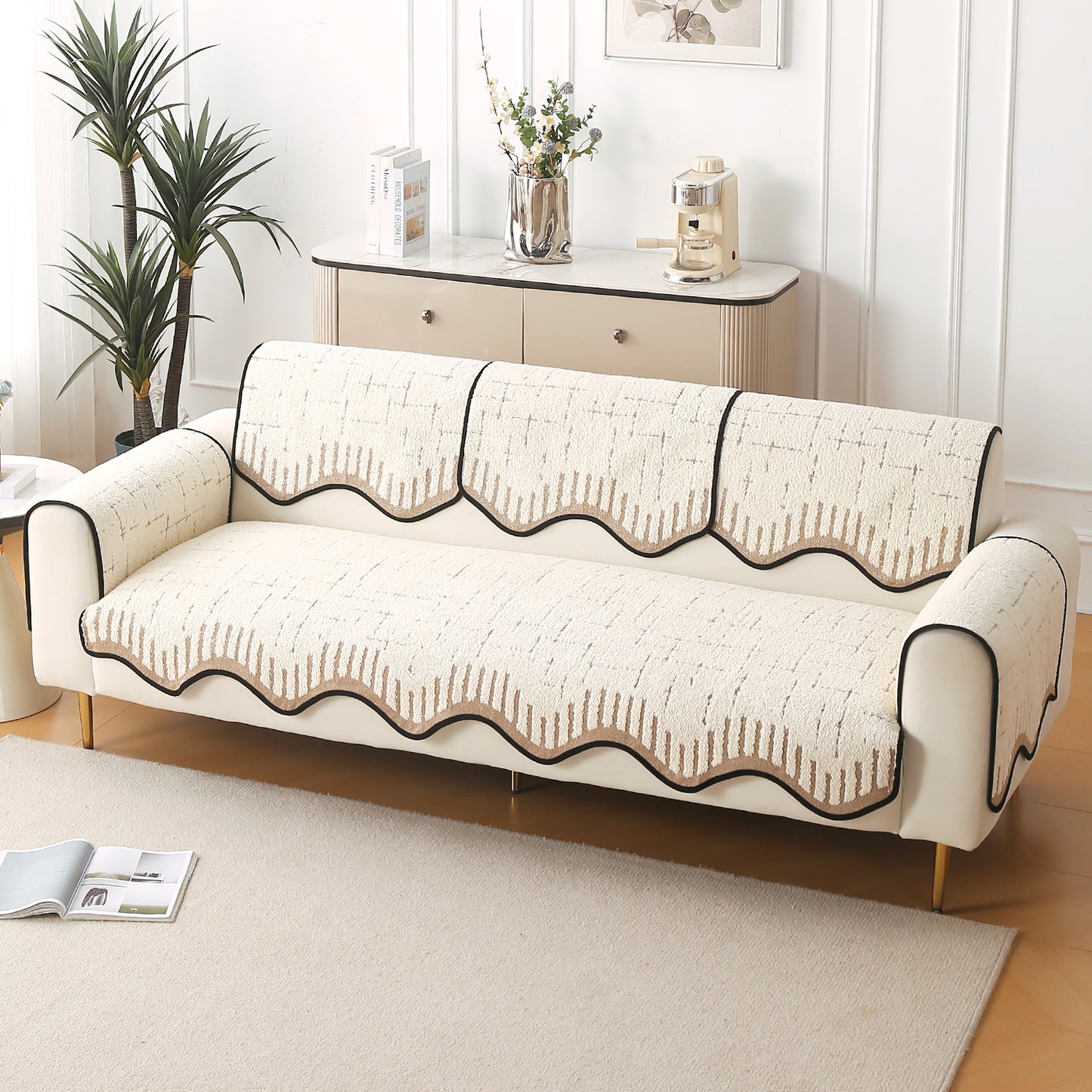 Premium Supple Soft Wavy with Curve Sofa Cover Mat, Cream Brown