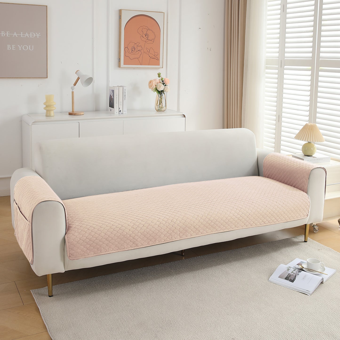 Quilted Sofa Cover Mat with 2 Armrest Covers Pockets, Beige