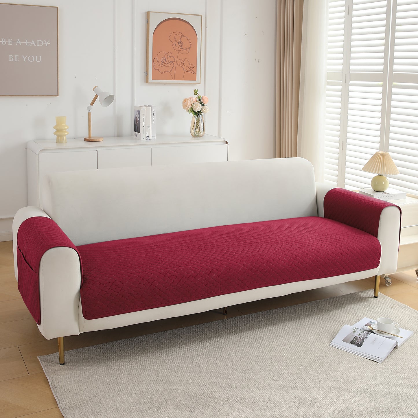 Quilted Sofa Cover Mat with 2 Armrest Covers Pockets, Maroon