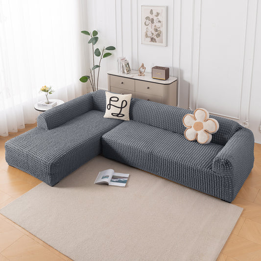 Aria Nova Bubble 2-Piece Stretchable L Shape Sofa Cover with Left Chaise, Dark Grey