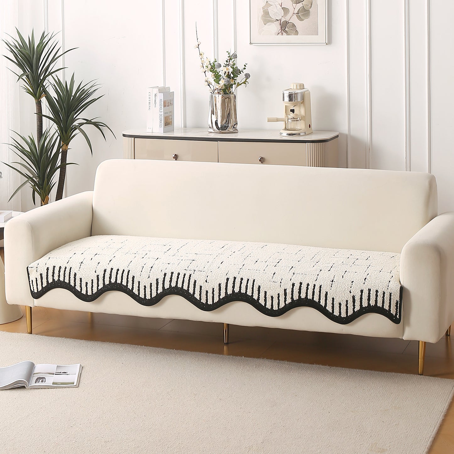 Premium Supple Soft Wavy with Curve Sofa Cover Mat, Off-White