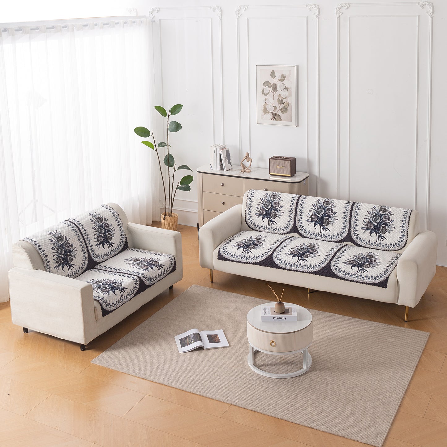 LoomVerse Quilted Sofa Cover Set Washable Sofa Panel for Seat & Back - Midnight Bloom