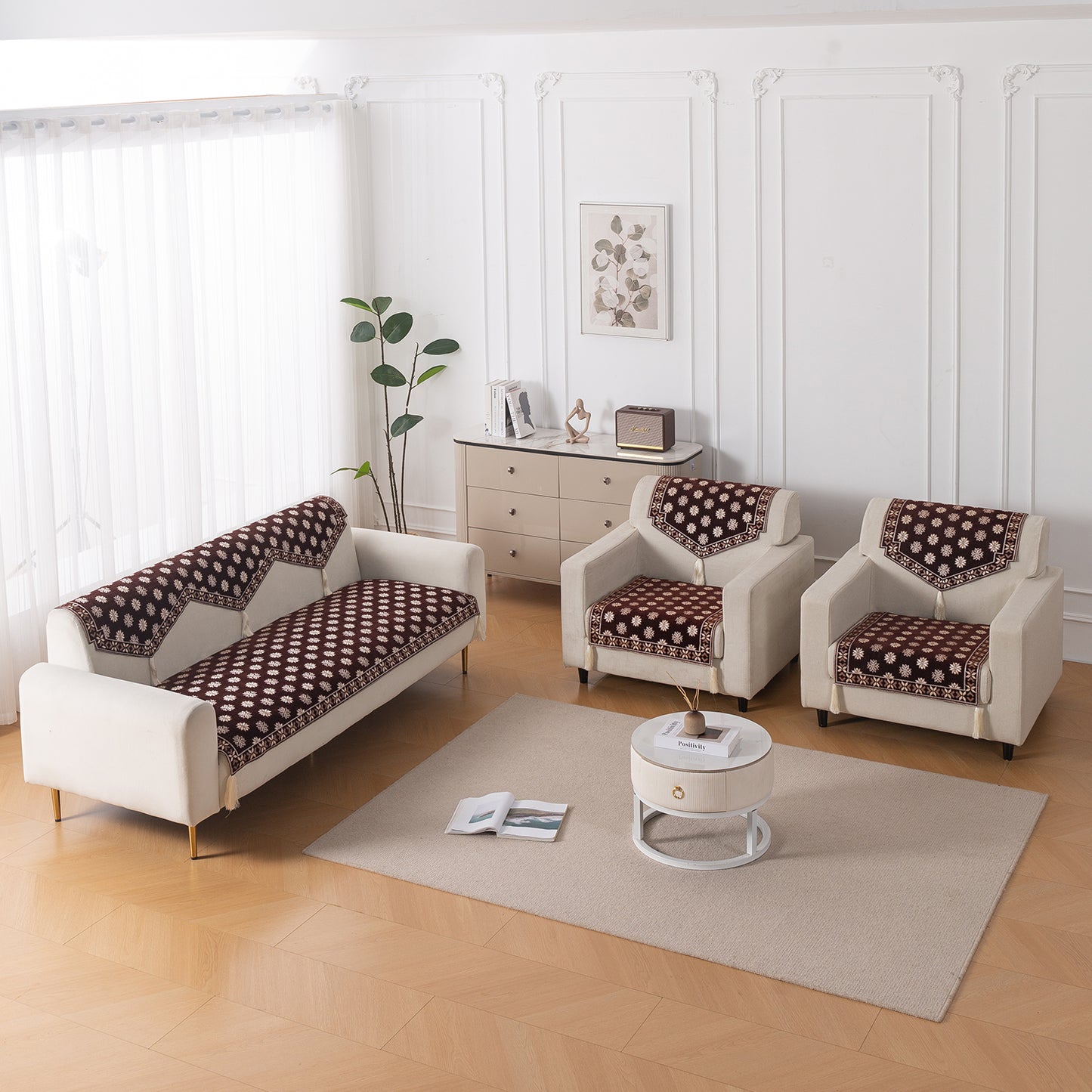 Heritage Weave Premium Jacquard Sofa Cover Set with Tassels - Coffee Brown