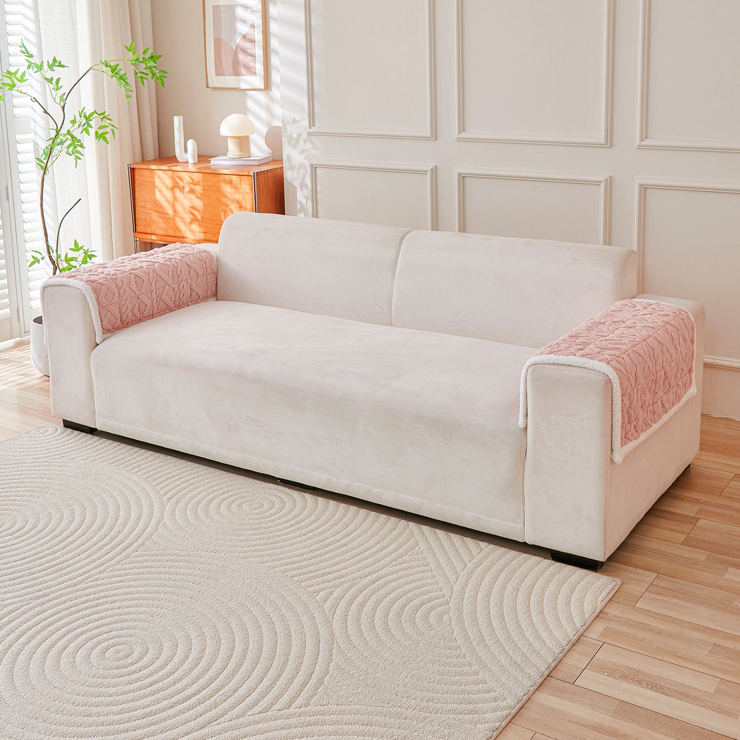 'Italian Caelora' Luxury Jacquard Plush Sofa Cover Mat and Anti-Slip Armrest Covers - Misty Rose