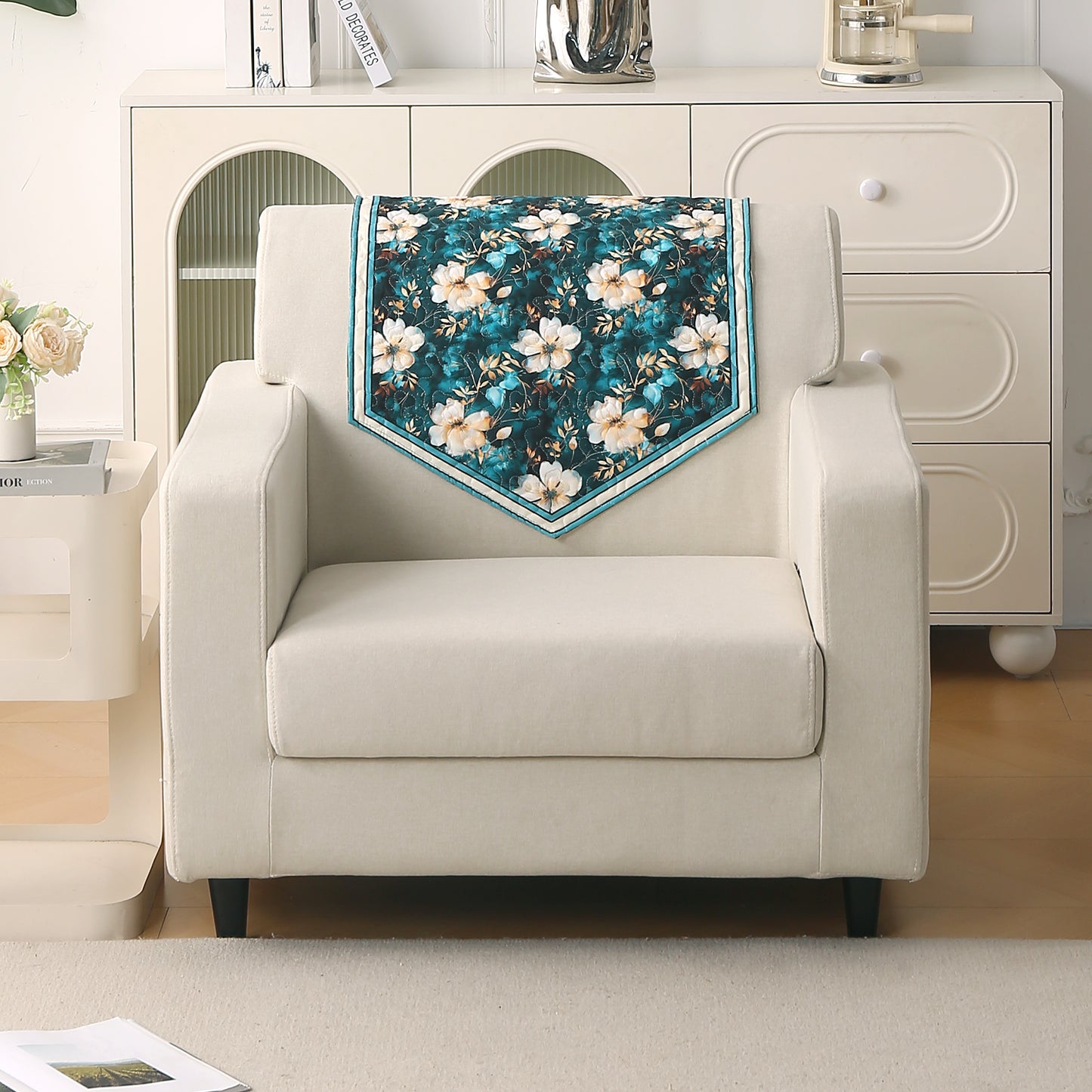 Florentina Series Printed Holland Velvet Sofa Mat - Pansies Teal
