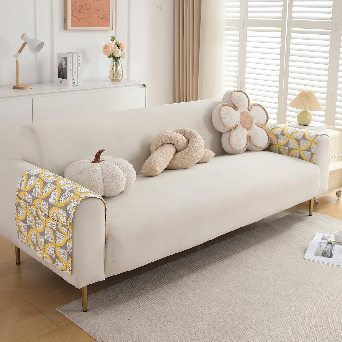 Polyester 2 Pcs Printed Quilted Sofa Armrest Cover, Windmill Cyber Yellow