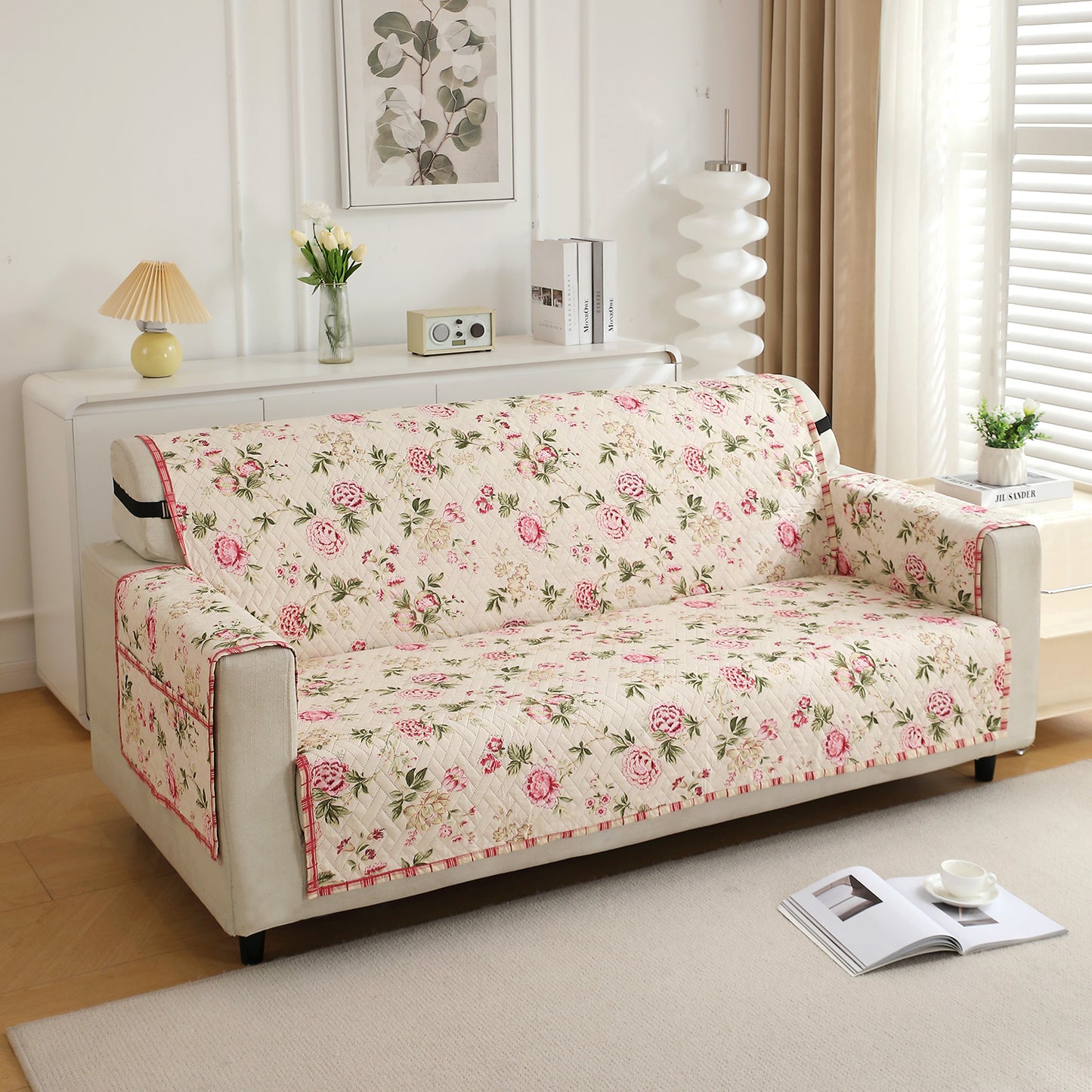 Beige Peonies Printed elegant 3 seater quilted sofa cover