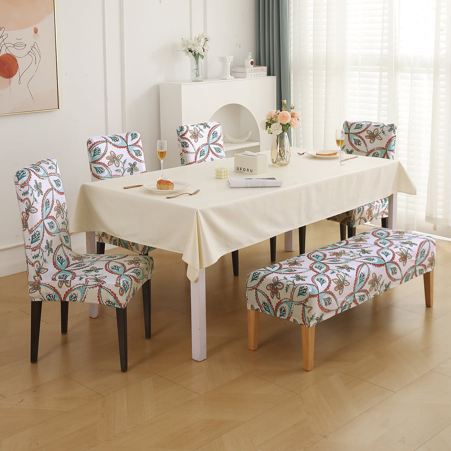 Premium Velvet Cover Set for 4 Dining Chairs + 1 Dining Bench, Beige Persian Garden