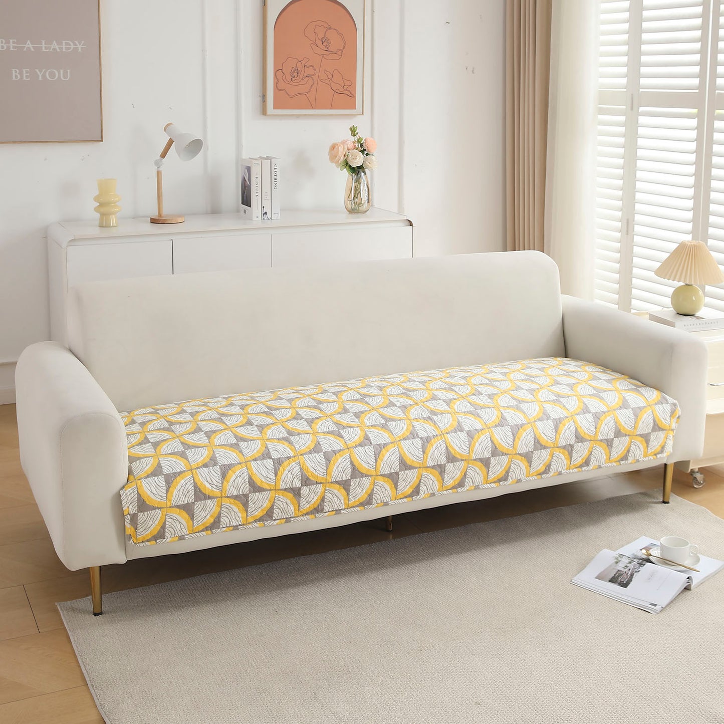 Quilted Sofa Seat Mat Covers for 1/2/3 Seater Sofa, Windmill Cyber Yellow