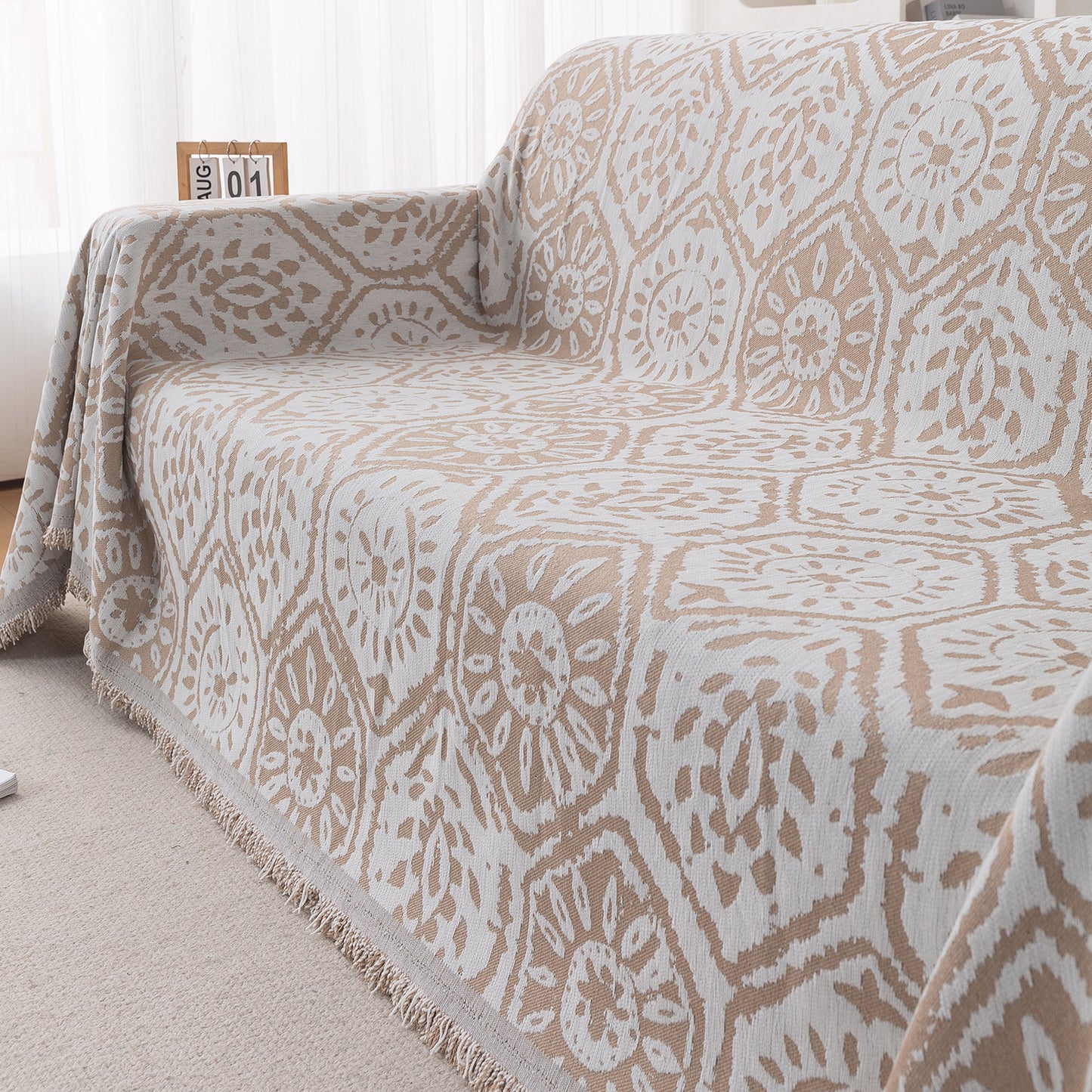 Premium 320 GSM Chenille Sofa Cover Throw All Season 'Serene Abode Series', Boho Floral Tile