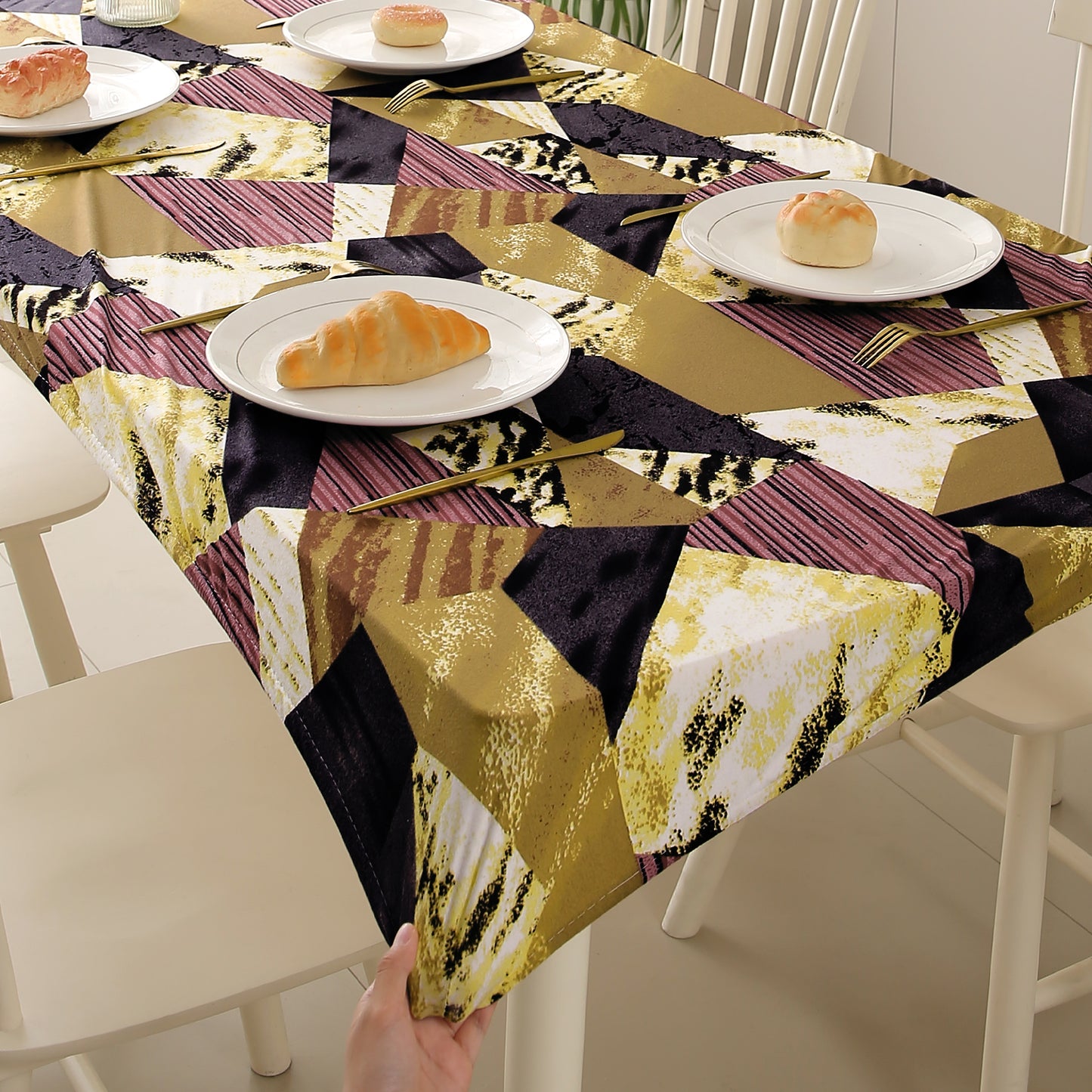 Printed Stretch Fit Water-Repellent & Anti-Slip Table Cloth Cover for 4 Seater / 6 Seater, Wine Abstract Geometry