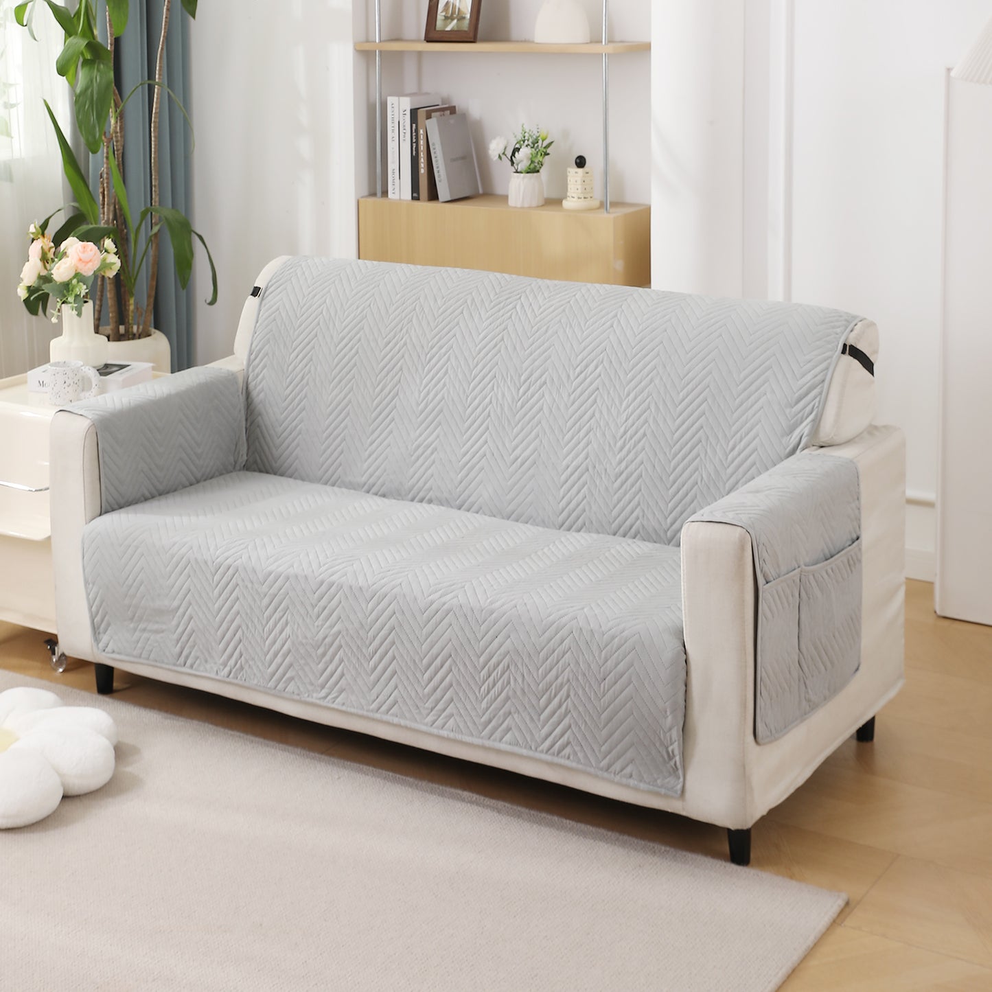 Quilted Sofa Mat Cover with Pockets | Non-Slip & Full Fitted | 1/2/3 Seater, Light Grey