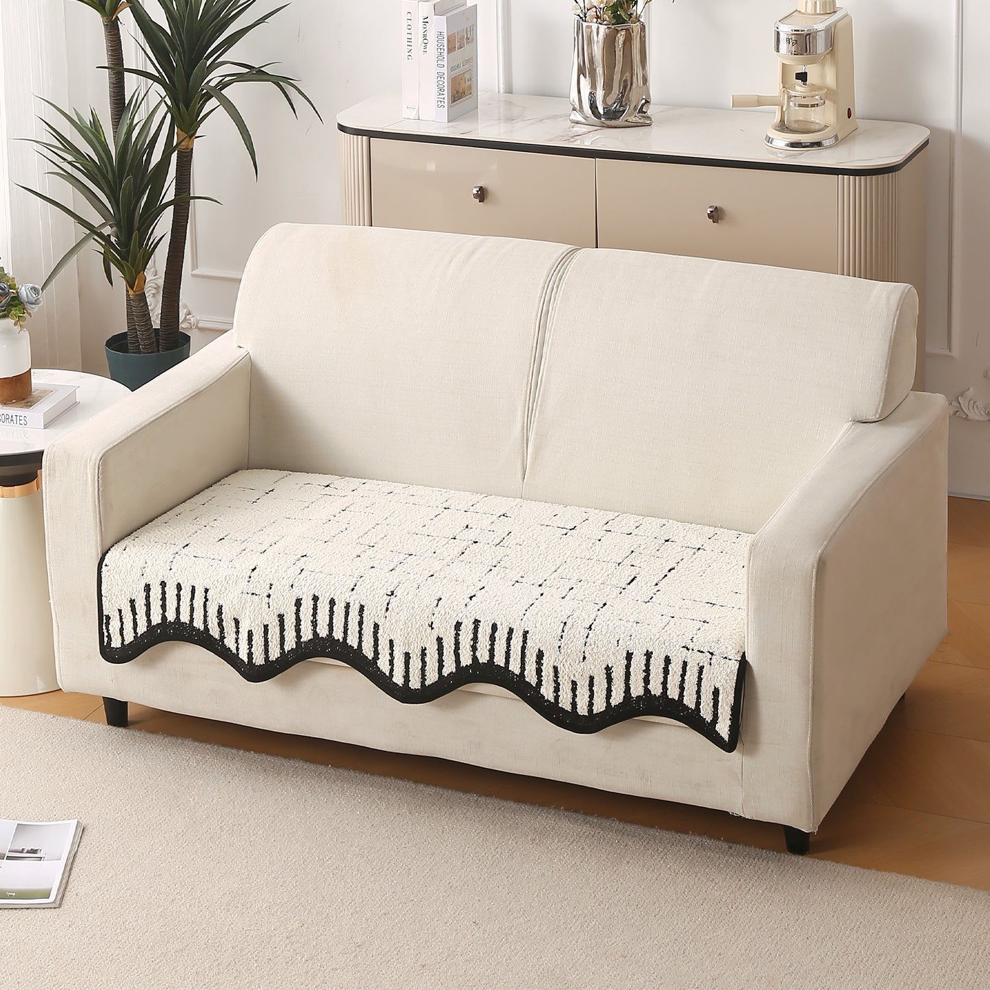 Premium Supple Soft Wavy with Curve Sofa Cover Mat, Off-White