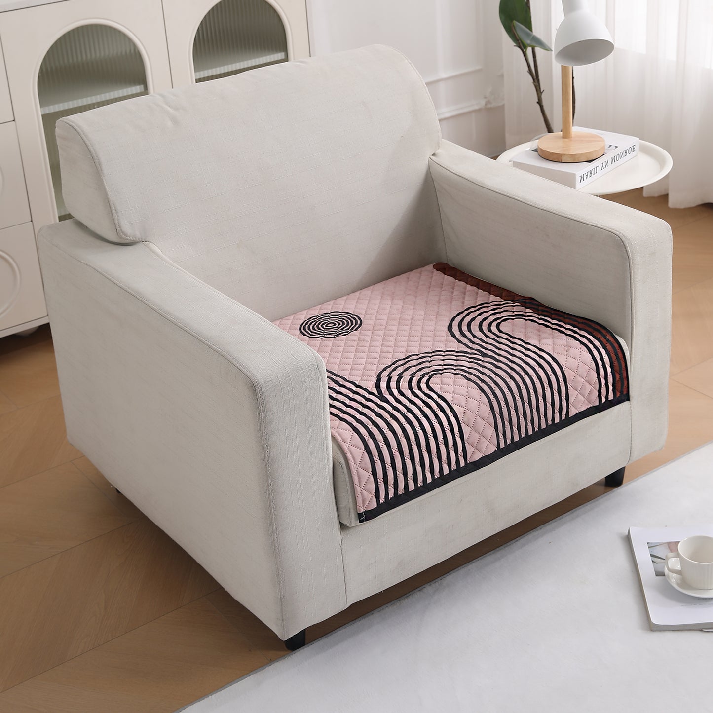 LiefNest Printed Holland Velvet Sofa Mat with Foam Filling - Modern Archscape Mauve Blush for 1/2/3 Seater & Armrest