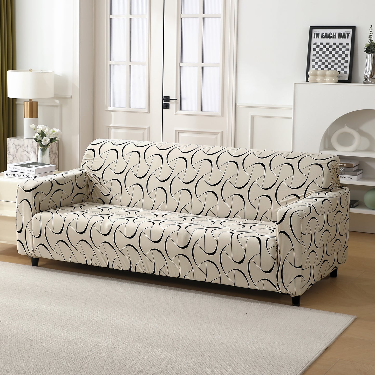 Elastic Stretchable Printed 140gsm Fully Covered Sofa Cover, Natural Beige Abstract Art