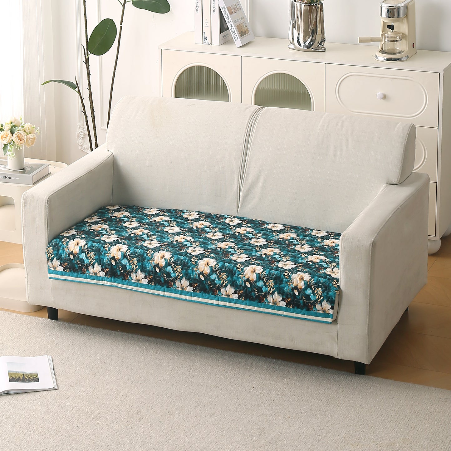 Florentina Series Printed Holland Velvet Sofa Mat - Pansies Teal