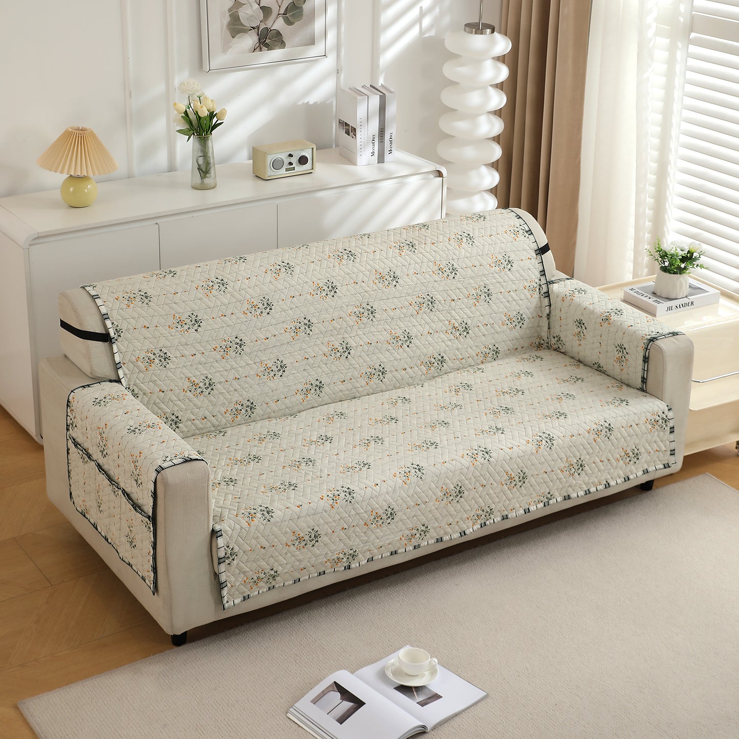 Quilted Printed Sofa Cover with Pockets, Light Green Ash Gypsy Floral