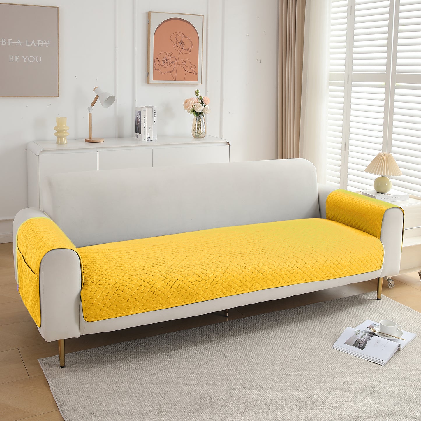 Quilted Sofa Cover Mat with 2 Armrest Covers Pockets, Yellow
