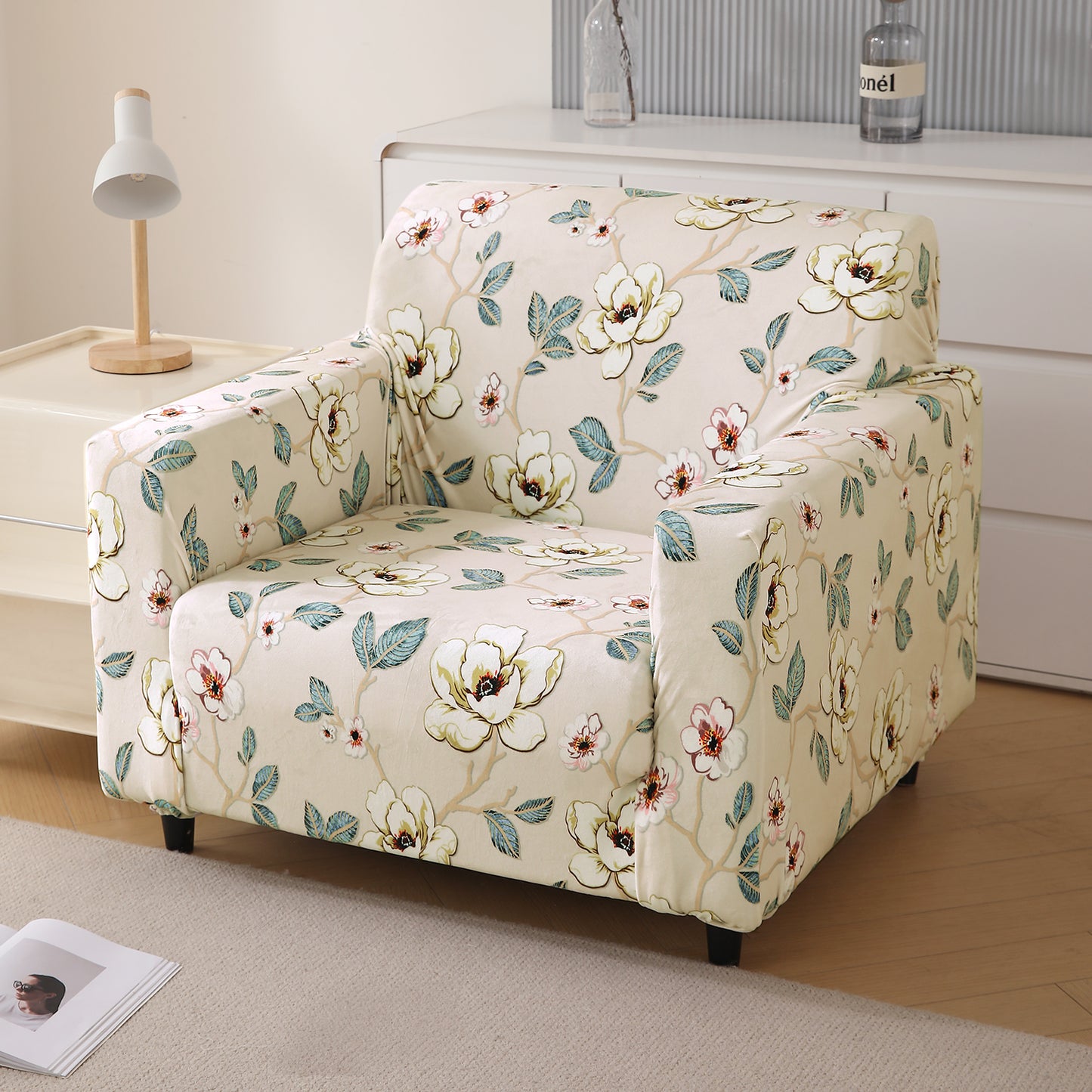 Premium Printed Velvet Sofa Cover 1/2/3 Seaters Fully Covered, Buttercream Magnolia Whisper