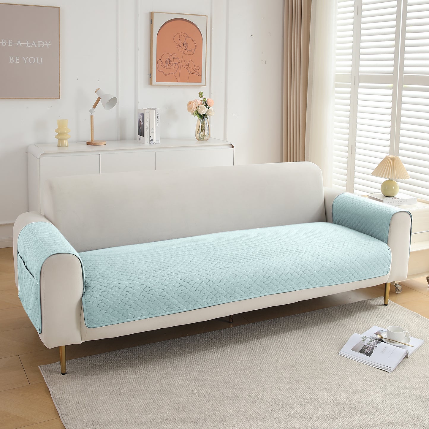 Quilted Sofa Cover Set with Seat Mat and Armrest Covers with Pockets, Light Sky Blue