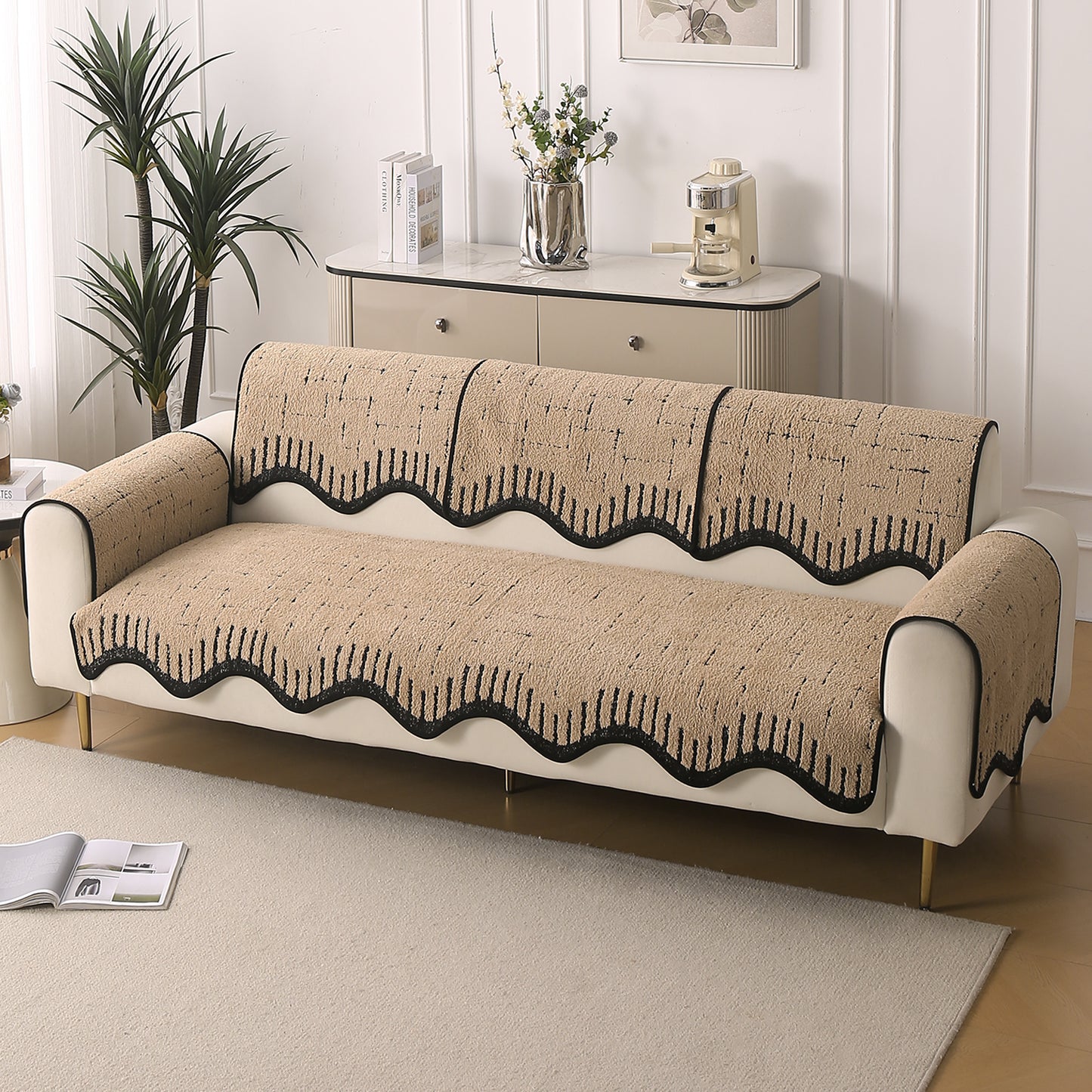 Premium Supple Soft Wavy with Curve Sofa Cover Mat, Brown