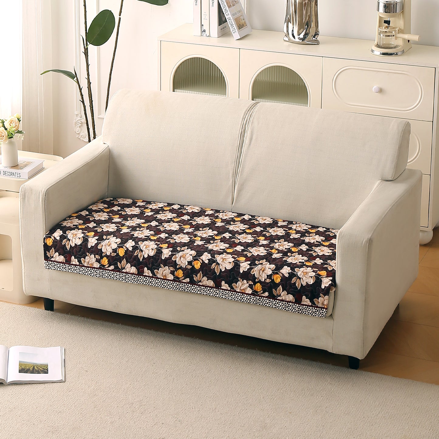 Florentina Series Printed Holland Velvet Sofa Mat - Camellia Brown