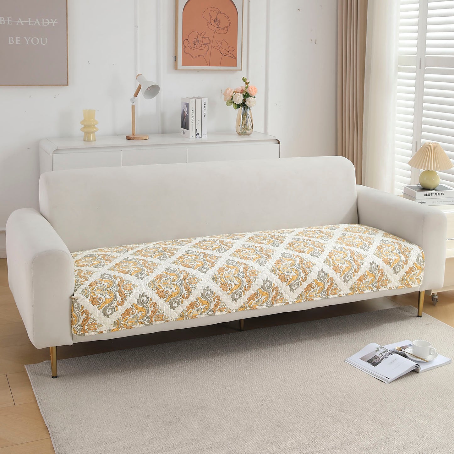 Polyester Printed Quilted Sofa Cover Mats, Damask Beige