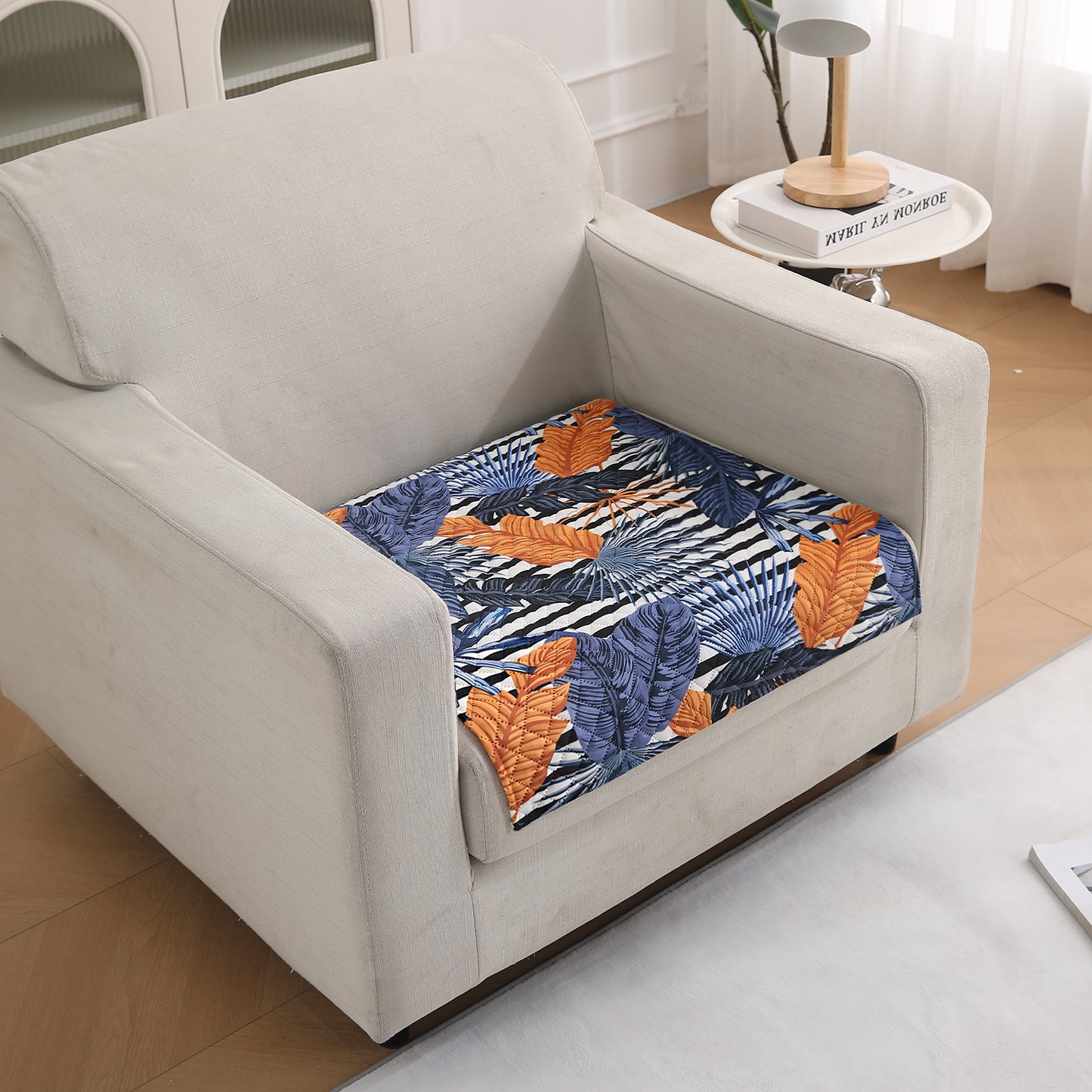 LiefNest Printed Holland Velvet Sofa Mat with Foam Filling - Tropical Leaves Dusk Blue for 1/2/3 Seater & Armrest