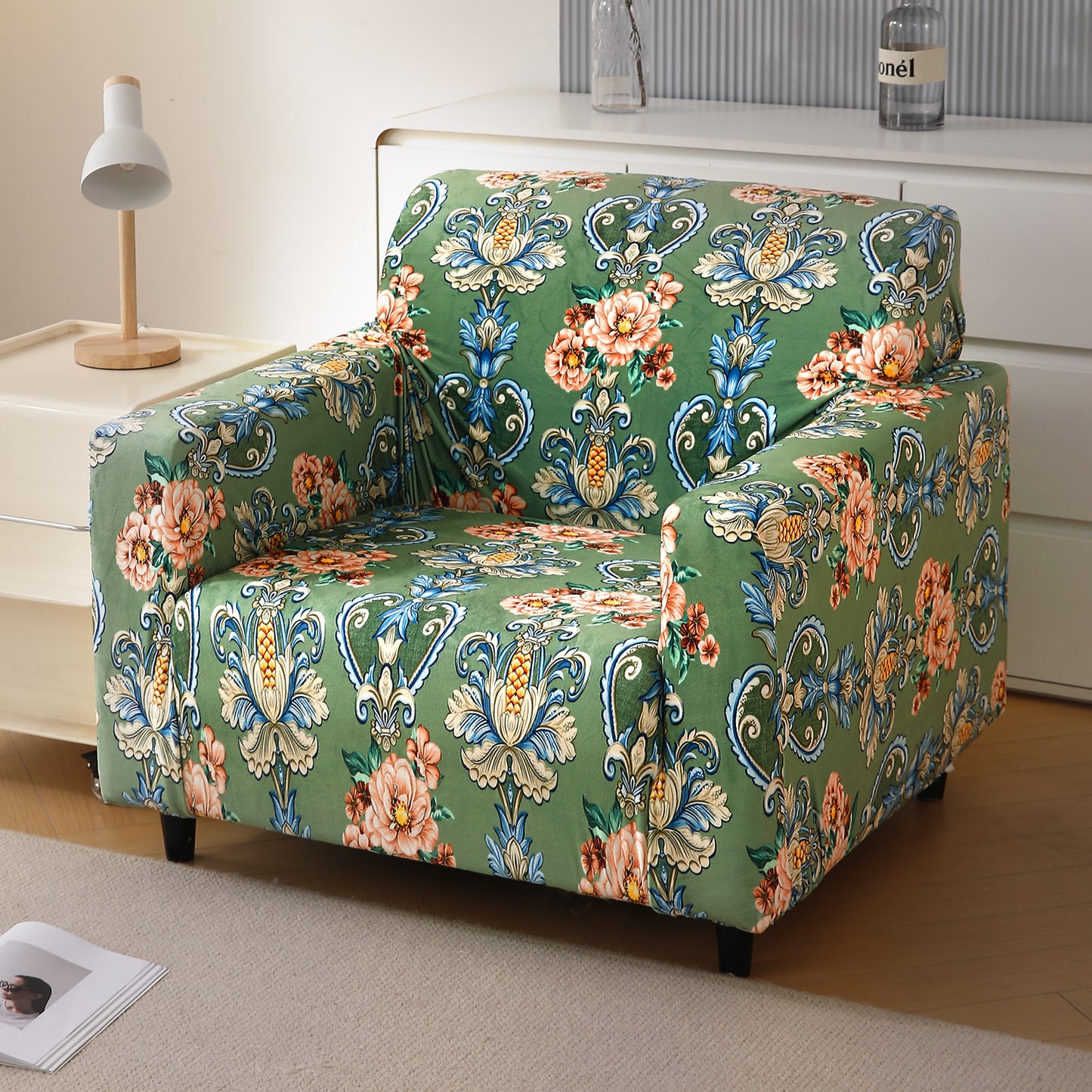 Premium Printed Velvet Sofa Cover 1/2/3 Seaters Fully Covered, Green Victorian Garden
