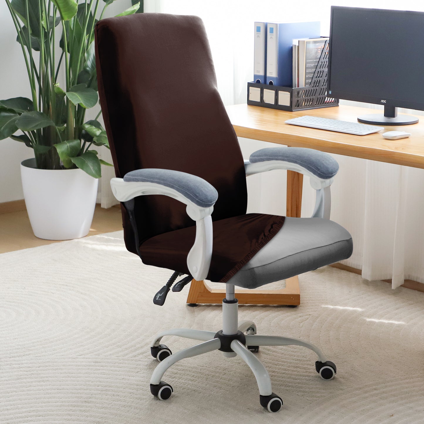 Office Chair Cover for Executive Chair (High-Back) – 140 GSM Stretch Fabric – Washable, Durable & Anti-Slip – Fits High-Back Office Chairs, Brown