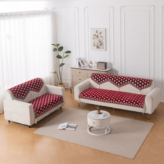 Heritage Weave Premium Jacquard Sofa Cover Set with Tassels -  Crimson Red