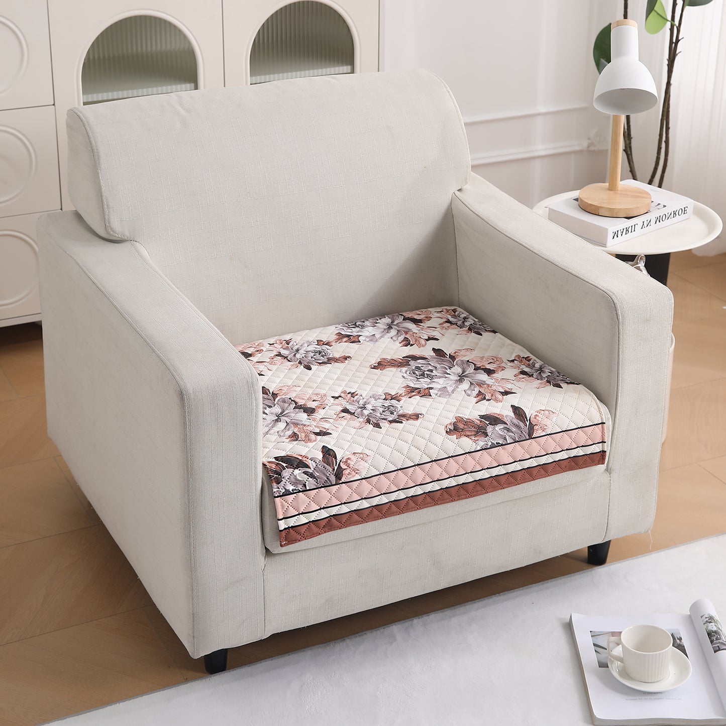 LiefNest Printed Holland Velvet Sofa Mat with Foam Filling - Chrysanthemum Bloom Soft Beige for 1/2/3 Seater & Armrest