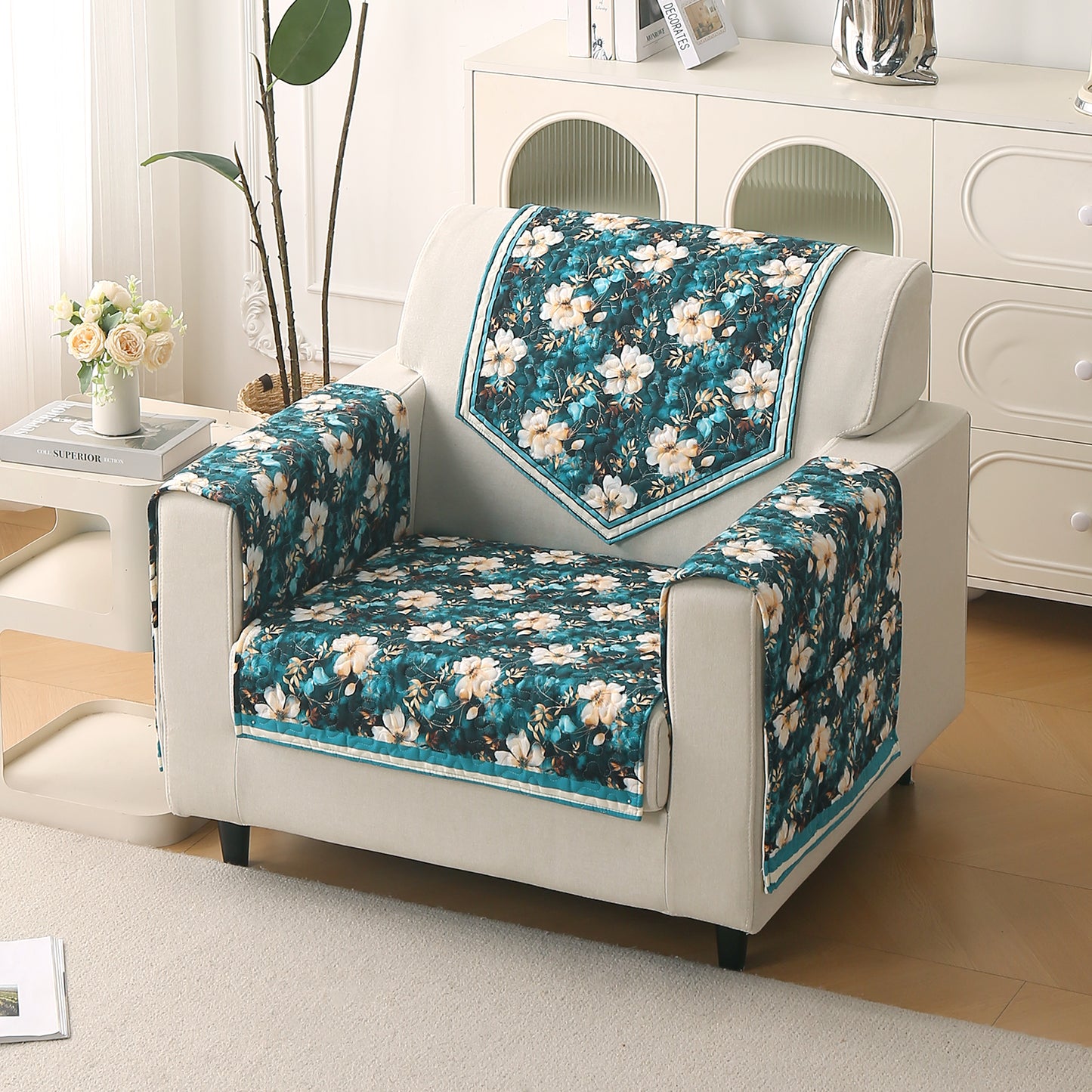 Florentina Series Printed Holland Velvet Sofa Mat - Pansies Teal