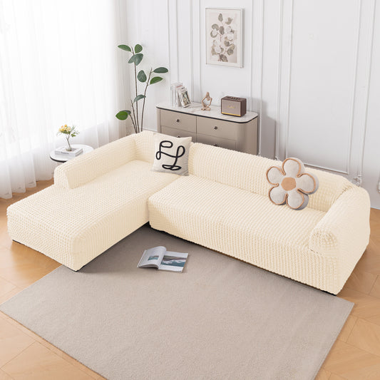 Aria Nova Bubble 2-Piece Stretchable L Shape Sofa Cover with Left Chaise, Light Cream