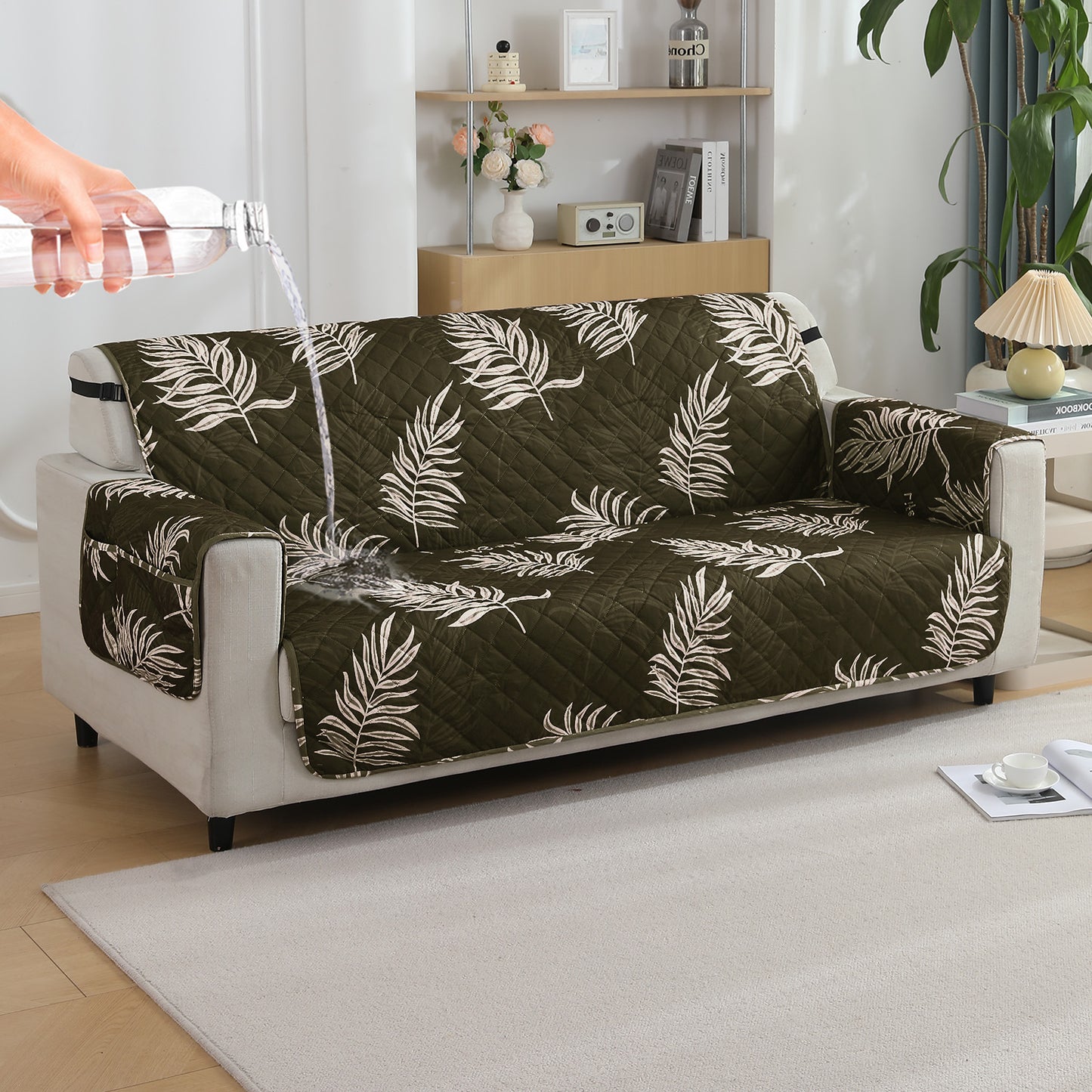 Quilted Waterproof Sofa Cover Mat with Pockets on Armrest Cover - Palm Leaves Olive