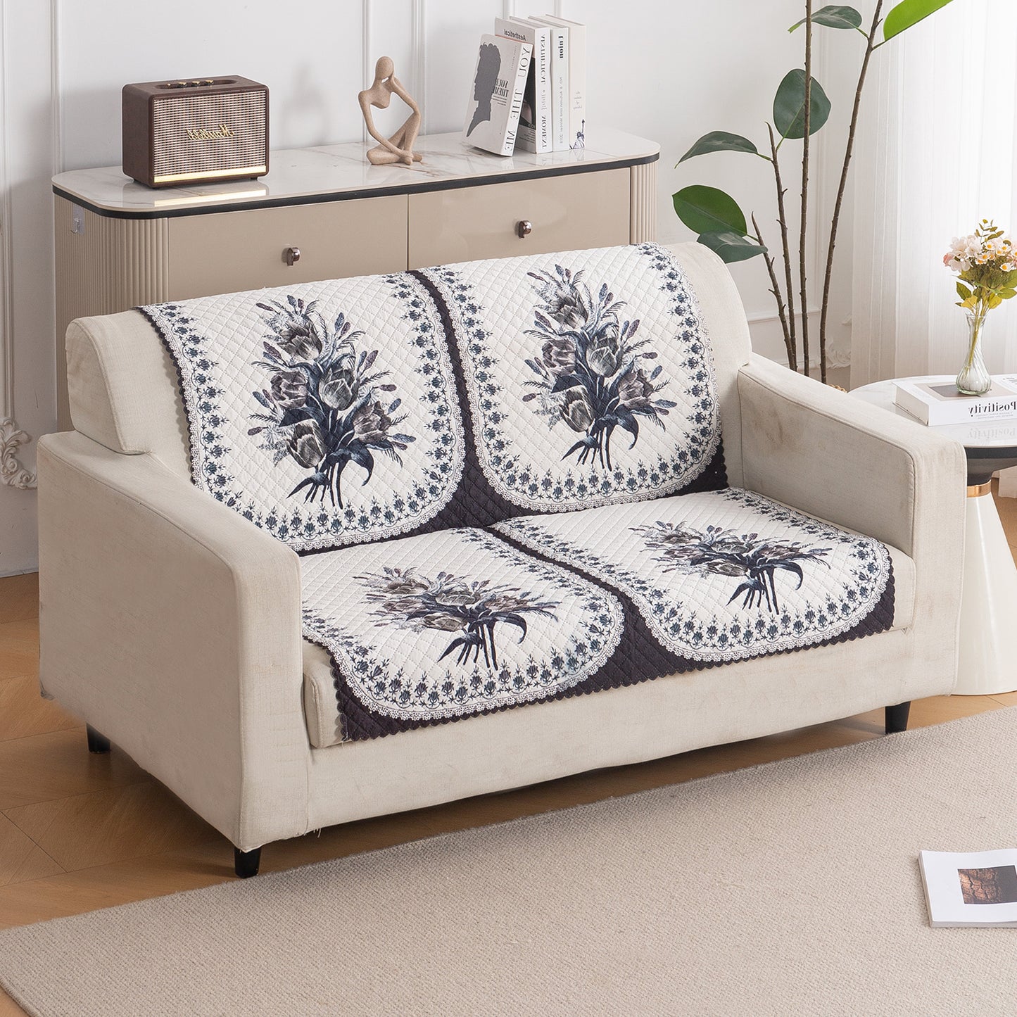 LoomVerse Quilted Sofa Cover Set Washable Sofa Panel for Seat & Back - Midnight Bloom