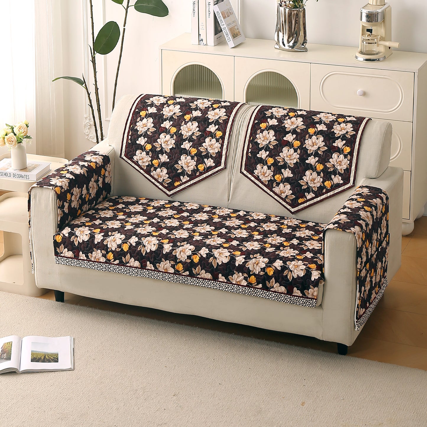Florentina Series Printed Holland Velvet Sofa Mat - Camellia Brown