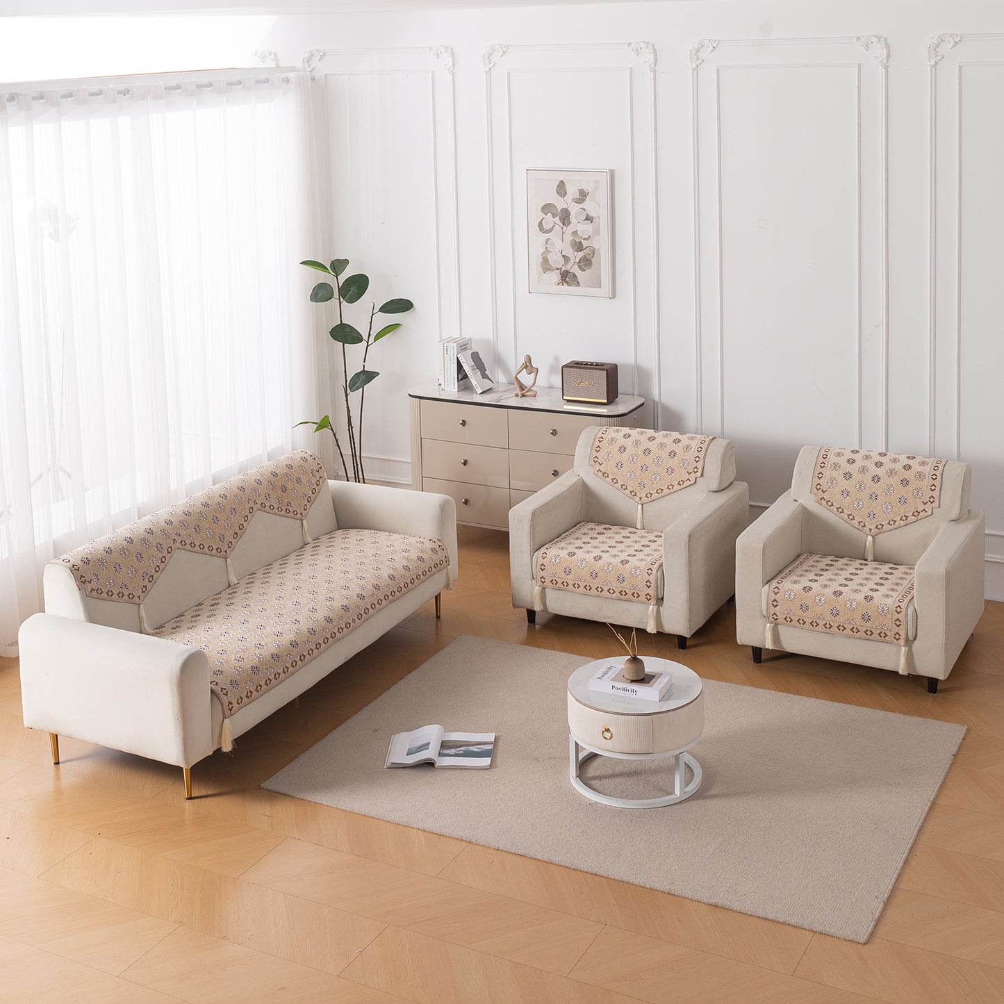 Heritage Weave Premium Jacquard Sofa Cover Set with Tassels - Sandy Beige