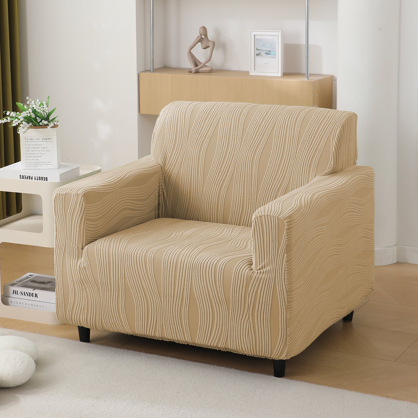 200gsm Knitting Jacquard Sofa Cover 1/2/3/4 Seater Fully Covered, Blush Beige